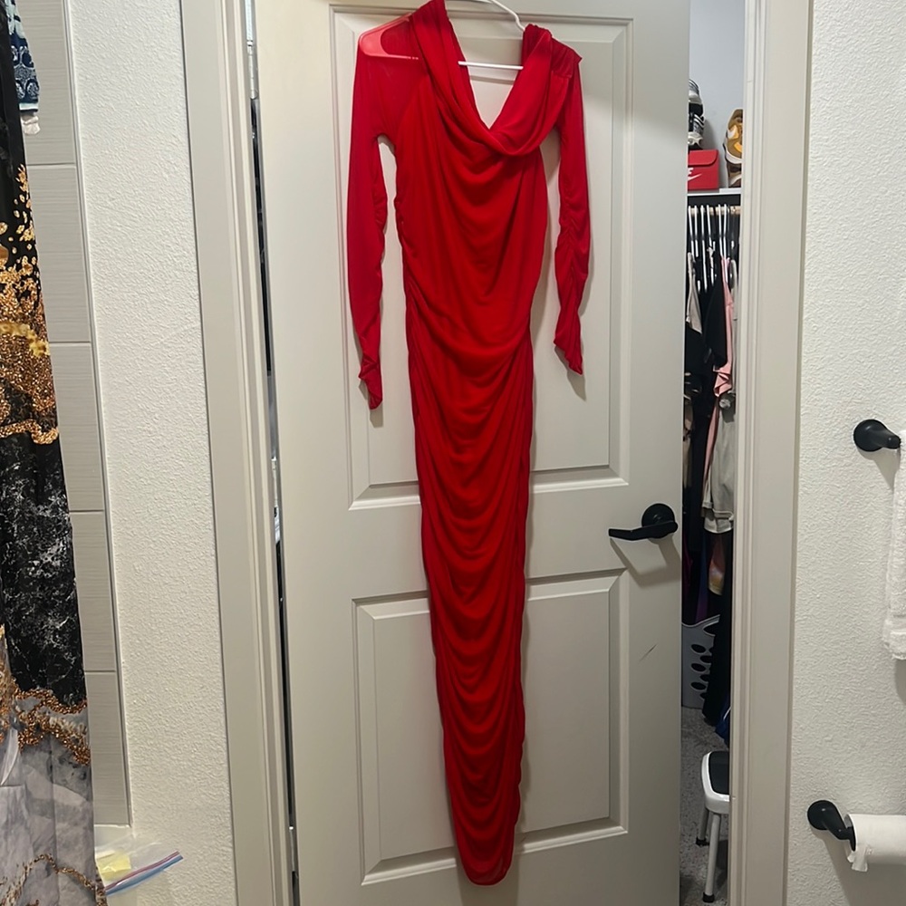 Bright red long sheer dress